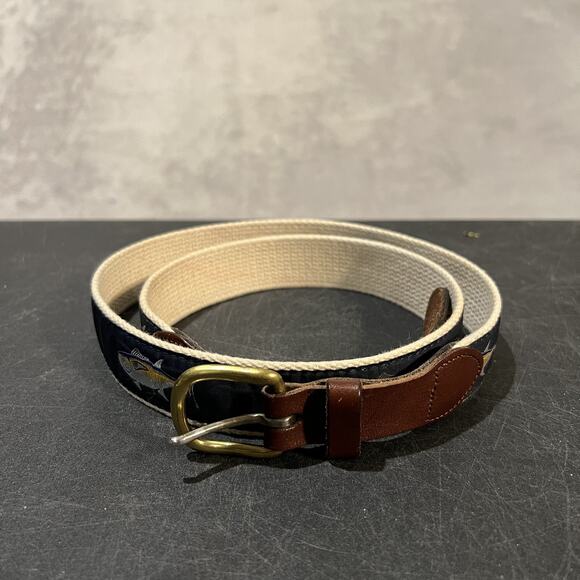 Leather Man Ltd Fish Belt Mens 40 Canvas Yellowfin Tuna Nautical Brass Buckle - Picture 1 of 7